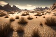  a scene featuring a close-up view of a dry desert terrain, with sparse, small patches of grass struggling to survive in the harsh conditions.   