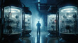 Scifi scene of a large laboratory filled with cryogenic chambers, each containing a person in the process of being prepared for preservation by the highly trained technicians.