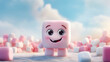 Cartoon marshmallow food character. Funny cartoon Marshmallow character banner. Cartoon pink marshmallows standing against light blue sky background. Cute marshmallow cartoon character emoticon mascot