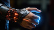Closeup of a mans hand with a cybernetic glove, allowing him to access and process data at lightning speed.