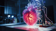 © Justlight - Closeup of a 3D printed heart, pulsating and pumping as it is connected to a series of tubes and wires in a simulated environment, testing its functionality and viability for human use.