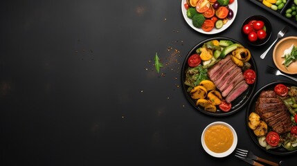 Wall Mural - mockup shot Assorted dinner spread pan fried meat and veggies salad and snacks, top view, copy space concept