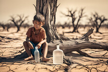 Poor Child With Empty Bottle Next To Dead Trees On Dry And Cracked Earth Drought Metaphor Water World Crisis, Climate Change, The Environment Concept, Generative Ai