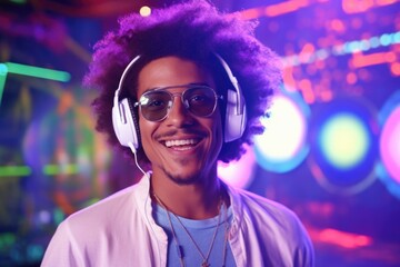 Wall Mural - A man wearing headphones and a white jacket. This image can be used to depict a person enjoying music or in a professional audio setting.