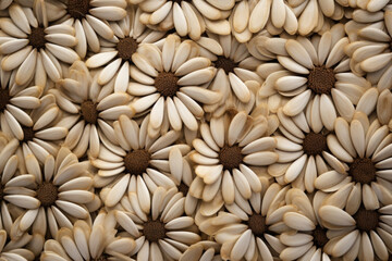 A spiral pattern of sunflower seeds, with their round shells and distinct markings creating a visually interesting and dynamic texture. The seeds are tightly packed together, giving the