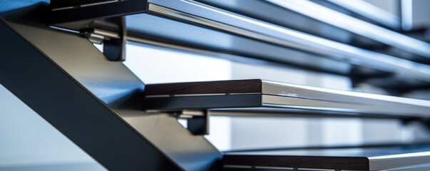 Closeup of Steel Staircase with Open Tread Design This closeup reveals the sleek and minimalist design of a steel staircase with open treads. The steel has a smooth, clean finish, making