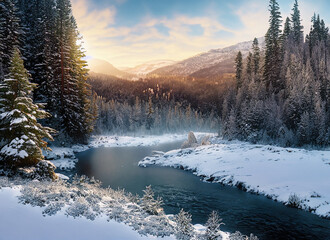  A River in a Winter with Snow and evergreen trees in a forest