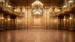 Majestic ballroom with a polished wooden floor intricate ceiling details and golden wall sconces.