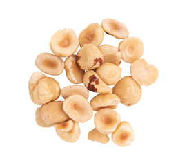 Sticker - heap of roasted peeled hazelnuts isolated on white background with clipping path, top view, concept of healthy breakfast, vegan food