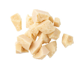 pieces of delicious parmesan cheese isolated on white background with clipping path, package design 