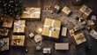 Overhead shot of scattered gifts on a cozy living room floor on Christmas morning.
