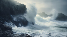 Thunderous Waves Crashing Against Rugged Coastal Cliffs During A Storm.