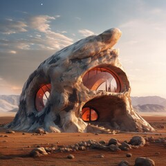 house made of stone from the mountain, landscape of the planet Mars, organic forms