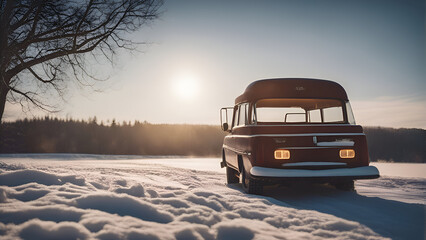 Wall Mural - Vintage car on snow covered road in winter forest at sunset.