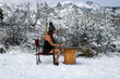 Woman Working Home Office in Snow, Winter Bariloche, unexpected