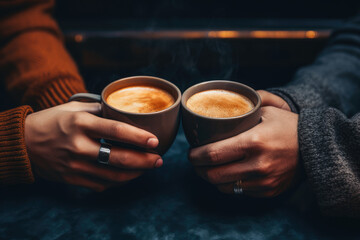 Two friends holding cup of coffee