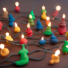 Wall Mural - Christmas garland of colorful candles on a brown background. close up