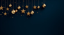 Golden Baubles And Stars On A Deep Blue Background