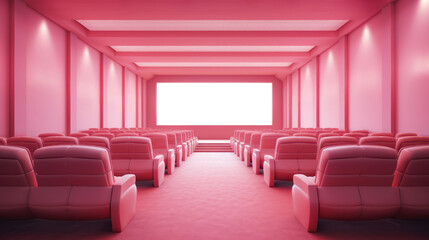 Wall Mural - Movie cinema hall interior with pink rows of seats and white blank mockup screen. Ai generative illustration