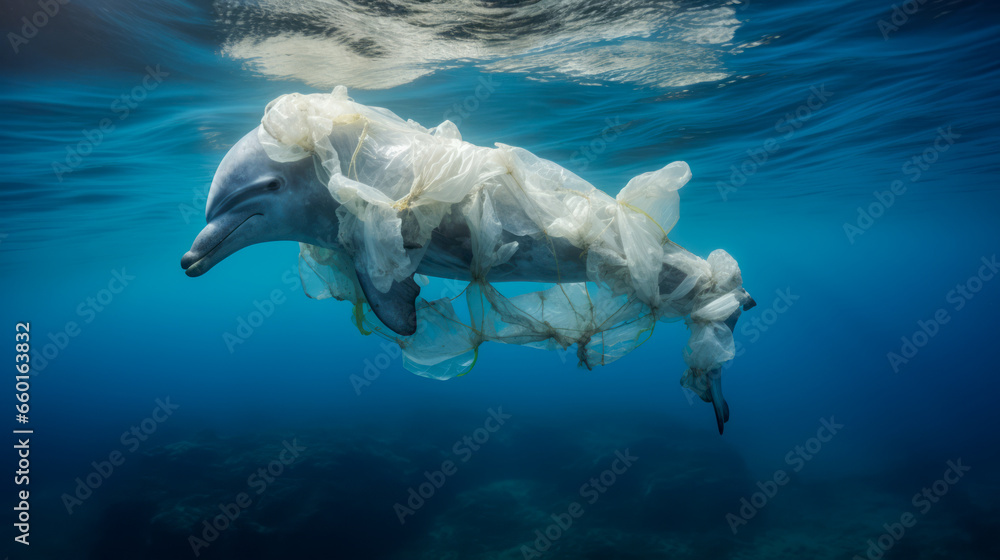 Dolphin made of plastic bags are swiming in the ocean. Contamination of ...