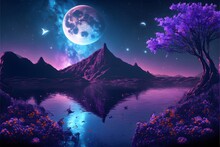 Very Big Glowing Galaxy Glowing Starry Sky Glowing Crescent Moon Water Surface Lake Surface Many Glowing Butterflies Flower Trees Falling To The Water Surface Huge Mountain Behind Glowing Above 