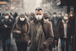 A man wearing a medical mask outdoors, surrounded by people also in medical masks. Concept of pandemic, new wave of coronavirus, quarantine