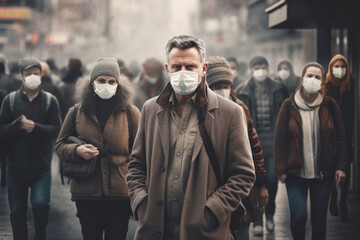 A man wearing a medical mask outdoors, surrounded by people also in medical masks. Concept of pandemic, new wave of coronavirus, quarantine