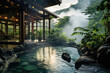 SPA in nature in the open air. a small lake from which steam emanates, surrounded by green plants and mountains