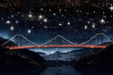 New Year's Atmosphere. A Bridge Burning With Bright Lanterns And Lights Against The Backdrop Of The Starry Sky And Mountains At Night.