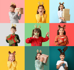 Wall Mural - Collage of happy children celebrating Christmas on color background
