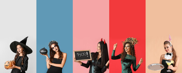 Poster - Set of people dressed for Halloween party on color background