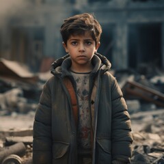 sad boy in a town destroyed by war with dirt on his face in old clothes