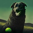 a dog on hill that is black with a big smile and a green ball 
