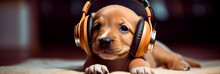 Cute Puppy Listening To Music With Headphones On The Sofa At Home. Cute Puppy Listening To Music With Headphones On Dark Background.