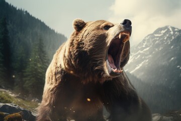 a mountain or forest behind the bear generative ai