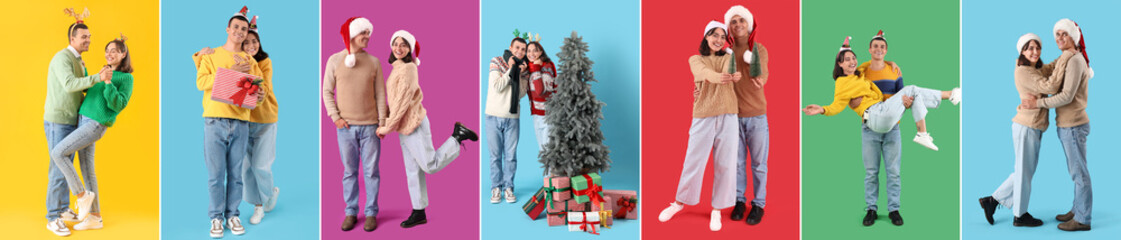 Wall Mural - Group of happy Christmas couple on color background