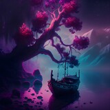 purple luminescent violin dark black branches RED trees fairy forest realistic real fantasy dark lands purple energy BLUE ground dark sky panoramic view many rivers small boat on water baby panda 