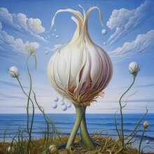 Surreal Painting Of A Giant Garlic Floating In The Sky Over The Ocean