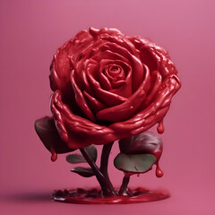 Wall Mural - Red rose with drops of water on a pink background. Concept of love.