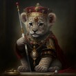 a princely portrait of a lion cub prince wearing a jeweled crown and a dark red ceremonial outfit holding a mini staff adorn with rubies in front of lion subjects bowing 