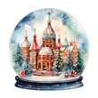 Christmas snow globe, Russian moscow scene, watercolor illustration. Isolated on white transparent background