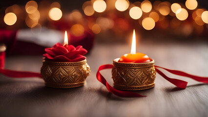 Wall Mural - Beautiful diwali diya with burning candle on wooden background