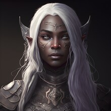 A Drow Female Dnd Character Long White Hair Dark Grey Skin Purple Eyes Elven Chainmail 