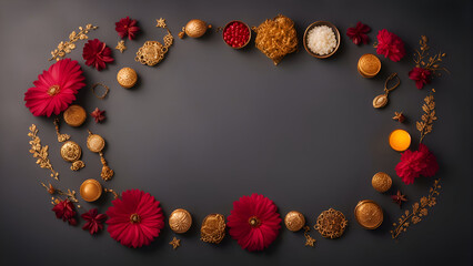 Wall Mural - Christmas and New Year background with red flowers and golden decorations on black background