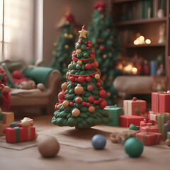 Wall Mural - Decorated Christmas tree on wooden table in living room with gifts