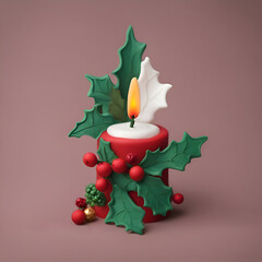 Wall Mural - Christmas candle with holly leaves and red berries. 3d render