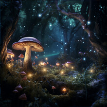 Fairy Forest, Dark But With Dramatic Moonlight Shining Over, Small Mushrooms