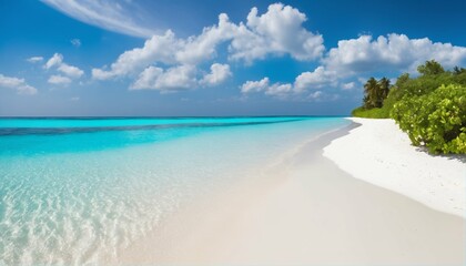 Wall Mural - Sandy beach on sunny day with white sand and rolling calm wave of turquoise ocean, white clouds in blue sky background