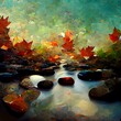 abstract oak leaves falling into a stream reflections autumn trees lovely light clear water colorful pebbles 