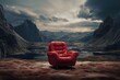 Nordic landscape with red cinema seat, concept of cinemas and films. Generative AI